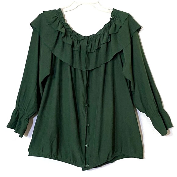 Elliott & Vine Ruffle Overlay Yoke Blouse Womens Size 3X Forest Green Runs Small - Picture 1 of 12